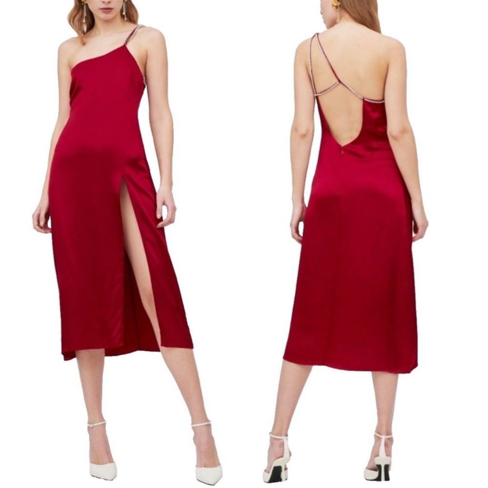 For Love & Lemons Elora Rhinestone Straps Red Satin Midi Slit Slip Dress